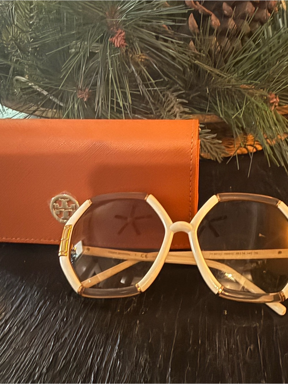 Tory Burch White and Gold Oversized Round Sunglasses with Brown Lenses